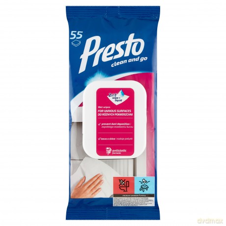 Presto Ściereczki czyszczące+płyn 2w1 do różnych powierzchni - zamknięcie pop up-55szt