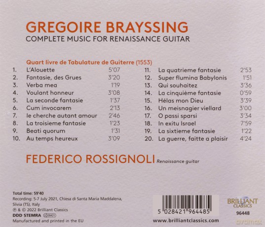Federico Rossignoli: Brayssing: Complete Music For Renaissance Guitar [CD]
