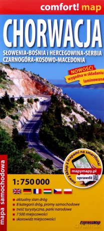 Chorwacja Słowenia Bośnia i Hercegowina, Serbia, Czarnogóra, Kosowo, Macedonia laminowana mapa samochodowa