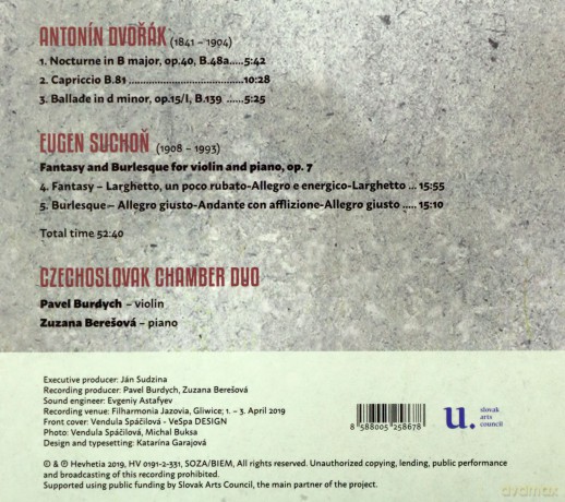 Czechoslovak Chamber Duo: A. Dvorak: Nocturne in B major op.40, Capriccio B81, Ballade in d minor op.15/1; E. Suchon: Fantasy and Burlesque for violin and piano op. 7 [CD]