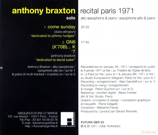 Anthony Braxton: Recital Paris 1971 [CD]