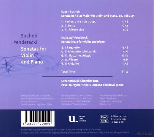 Czechoslovak Chamber Duo: Suchon: Sonata in A Flat Major, Penderecki: Sonata No. 2 [CD]