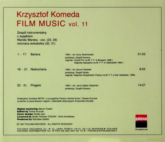 Krzysztof Komeda: The Complete Recordings Of Krzysztof Komeda Vol. 11 - Film Music: Bariera, Niekochana, Pingwin [CD]