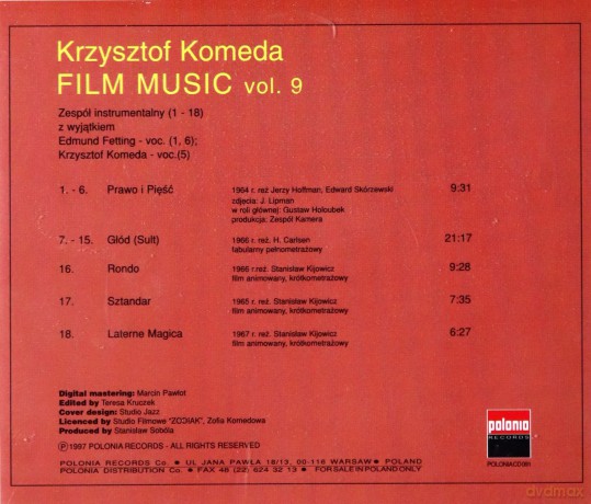 Krzysztof Komeda: The Complete Recordings Of Krzysztof Komeda Vol. 9 - Film Music: Prawo I Pięść, Głód, Rondo, Sztandar, Laterne Magica [CD]