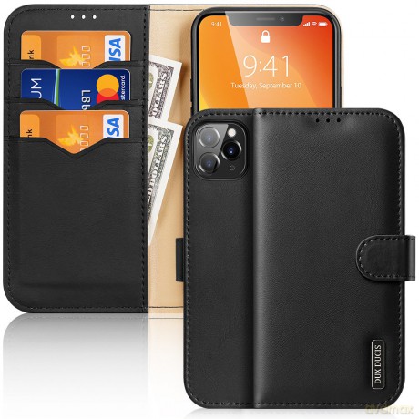 Dux Ducis Hivo skórzane etui z klapką pokrowiec ze skóry naturalnej portfel na karty i dokumenty iPhone 11 Pro Max czarny