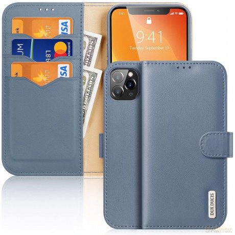 Dux Ducis Hivo skórzane etui z klapką pokrowiec ze skóry naturalnej portfel na karty i dokumenty iPhone 11 Pro Max niebieski