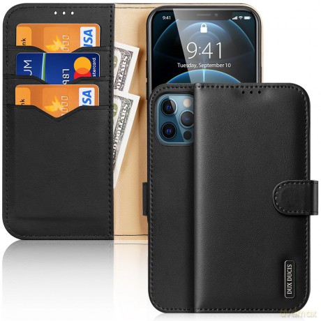 Dux Ducis Hivo skórzane etui z klapką pokrowiec ze skóry naturalnej portfel na karty i dokumenty iPhone 12 Pro Max czarny