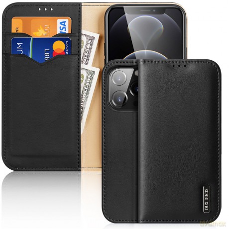 Dux Ducis Hivo skórzane etui z klapką pokrowiec ze skóry naturalnej portfel na karty i dokumenty iPhone 13 Pro czarny