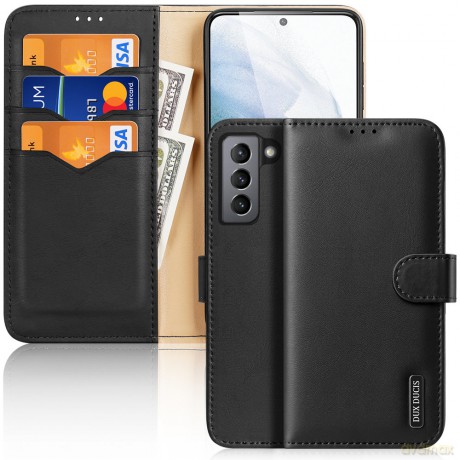 Dux Ducis Hivo skórzane etui z klapką pokrowiec ze skóry naturalnej portfel na karty i dokumenty Samsung Galaxy S21 FE czarny