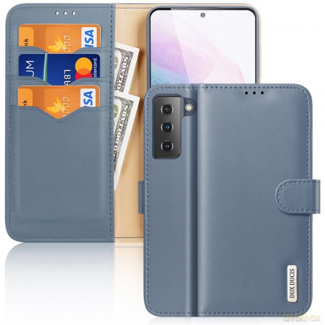 Dux Ducis Hivo skórzane etui z klapką pokrowiec ze skóry naturalnej portfel na karty i dokumenty Samsung Galaxy S21+ 5G (S21 Plus 5G) niebieski