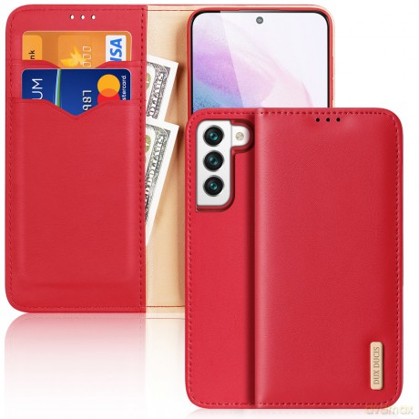 Dux Ducis Hivo skórzane etui z klapką pokrowiec ze skóry naturalnej portfel na karty i dokumenty Samsung Galaxy S22 czerwony