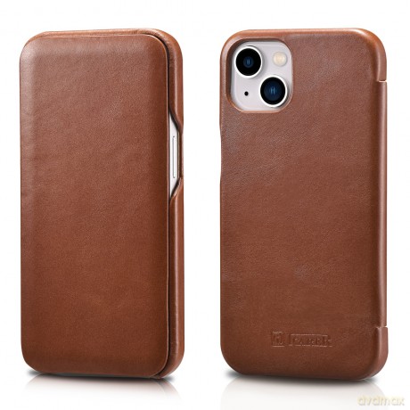 iCarer Curved Edge Vintage Folio skórzane etui pokrowiec ze skóry naturalnej iPhone 13 brązowy (RIX1302-BN)