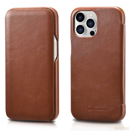 iCarer Curved Edge Vintage Folio skórzane etui pokrowiec ze skóry naturalnej iPhone 13 Pro brązowy (RIX1303-BN)