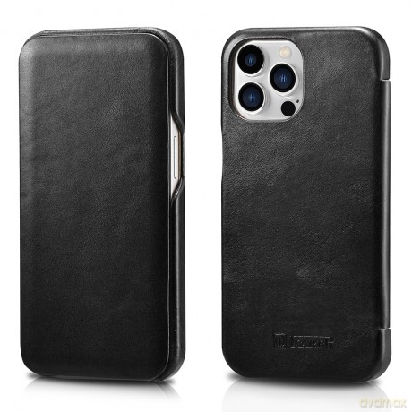 iCarer Curved Edge Vintage Folio skórzane etui pokrowiec ze skóry naturalnej iPhone 13 Pro czarny (RIX1303-BK)