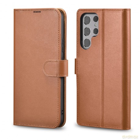 iCarer Haitang Leather Wallet Case skórzane etui do Samsung Galaxy S22 Ultra portfel obudowa pokrowiec brązowy (AKSM06BN)