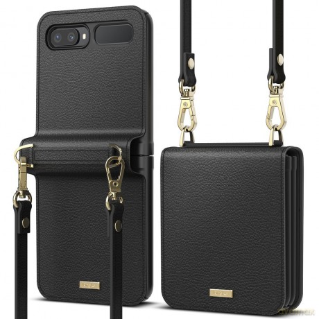 Ringke Folio Signature skórzane etui z klapką i paskiem na ramię do Samsung Galaxy Z Flip czarny (FOSG0001)