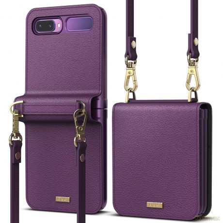 Ringke Folio Signature skórzane etui z klapką i paskiem na ramię do Samsung Galaxy Z Flip fioletowy (FOSG0003)