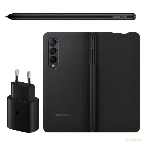 Samsung Leather Flip Cover etui pokrowiec do Samsung Galaxy Z Fold 3 obudową z klapką + Rysik S Pen + Ładowarka sieciowa 25W czarny (EF-FF92KKBEGEE)