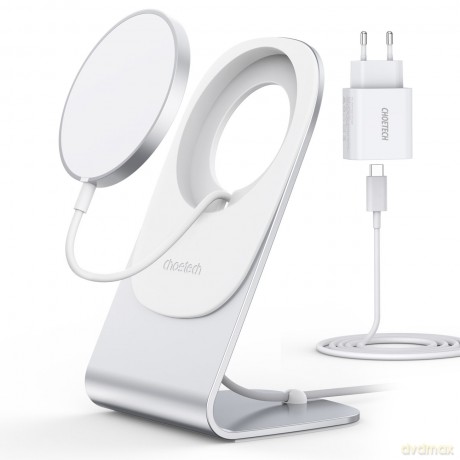 Choetech bezprzewodowa ładowarka MagSafe Qi 15W z aluminiowym stojakiem srebrny + ładowarka sieciowa PD 20W (H047 + Q5004))