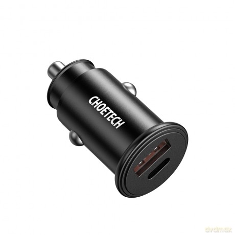 Choetech szybka dwuportowa ładowarka samochodowa PD USB Typ C + QC3.0 USB-A 30W 5A czarny (TC0006)