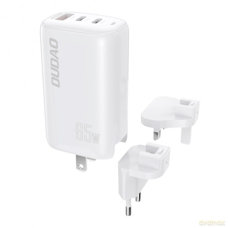 Dudao 3-portowa ładowarka GaN 3w1 (EU, US, UK) 2 x Typ C (PD) + USB (QC) 65W biała (A7PRO)