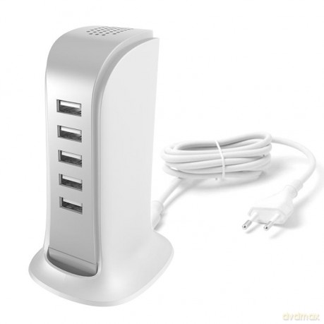 Ładowarka sieciowa 5x USB z wbudowanym kablem sieciowym EU biały (A5EU)