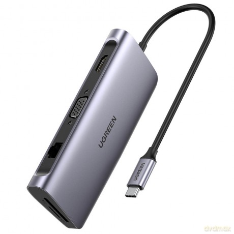Ugreen 9w1 wielofunkcyjny HUB USB 3.2 Gen. 1 HDMI (4K@60Hz) VGA (Full HD@60Hz) Ethernet czytnik kart TF/SD PD 100W USB Typ C PD szary (CM179)