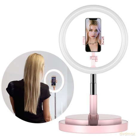 Lampa pierścieniowa ring selfie LED flash statyw 52 - 170 cm uchwyt na telefon różowy