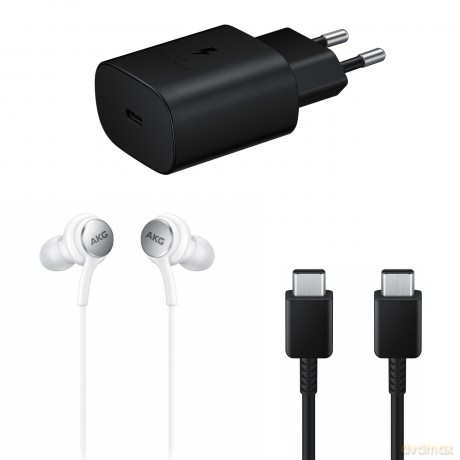 Samsung Starter set zestaw ładowarka sieciowa USB Typ C 25W, kabel USB Typ C 1,8m 3A, słuchawki dokanałowe (eco pack) czarny