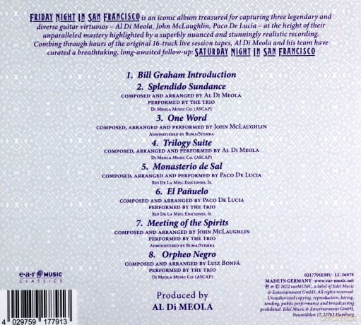 Di Meola McLaughlin De Lucia: Saturday Night In San Francisco (digipack) [CD]