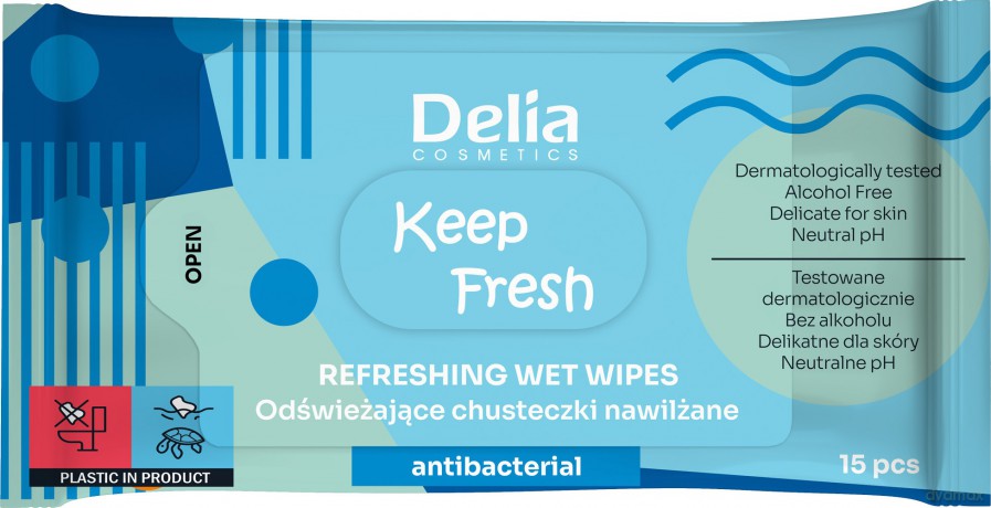Delia Cosmetics Keep Fresh Odświeżające Chusteczki nawilżane - Antibacterial 1op.-15 szt