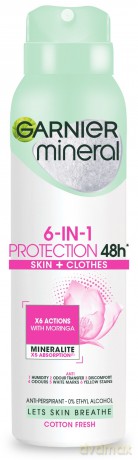 Garnier Mineral Dezodorant spray 6in1 Protection 48h Cotton Fresh - Skin+Clothes 150 ml