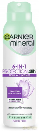 Garnier Mineral Dezodorant spray 6in1 Protection 48h Floral Fresh - Skin+Clothes 150 ml