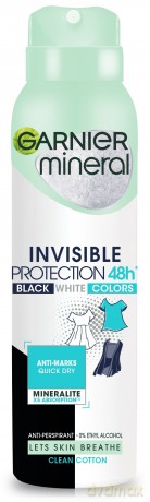 Garnier Mineral Dezodorant spray Invisible Protection 48h Clean Cotton- Black,White,Colors 150 ml