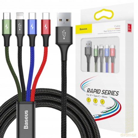 Baseus Fast 4-in-1 Mocny kabel 4w1 USB - Lightning (iPhone) + Micro + 2x Type-C 3.5A 1.2m