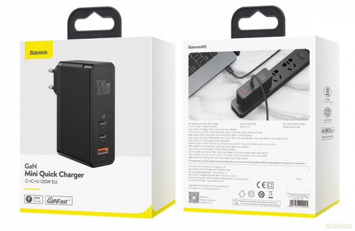 Baseus GaN2 Pro Ładowarka sieciowa 2x Type-C 1x USB-A 120W Power Delivery 3.0 Quick Charge 4.0 Huawei SCP Samsung Fast Charge 2.0 + kabel 100W