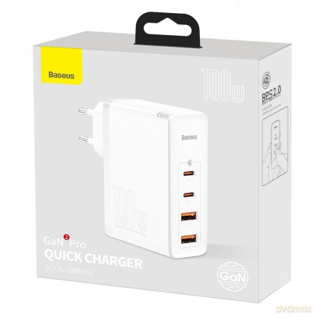 Baseus GaN2 Pro Ładowarka sieciowa zasilacz 4x USB USB-C Quick Charge 4.0 Power Delivery Huawei SCP Samsung AFC 100W + kabel