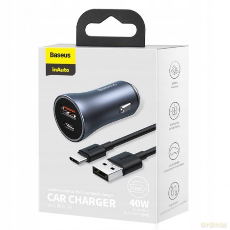 Baseus Golden Contactor Pro Ładowarka samochodowa USB USB-C 40W Power Delivery 20W (iPhone 12) Quick Charge 4.0 Samsung AFC Huawei FCP + kabel Type-C