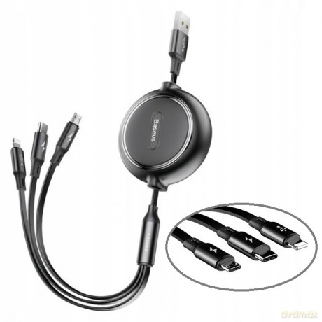 Baseus Golden Loop Kabel 3w1 USB - Lightning Micro USB Type-C 3.5A z organizerem regulacja długości