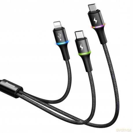 Baseus Halo Data Kabel USB 3w1 do iPhone Lightning Micro Type-C 3.5A LED 120cm EOL