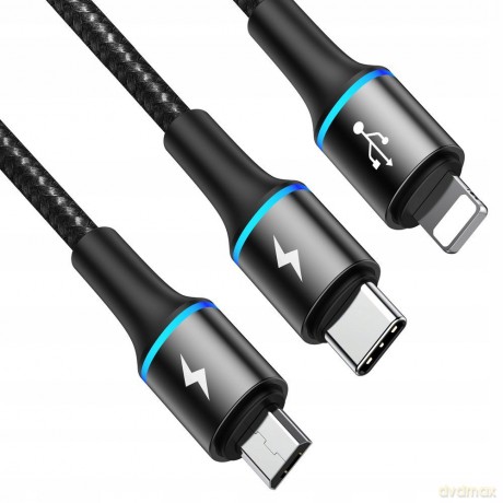 Baseus Halo Data Kabel USB 3w1 do iPhone Lightning Micro Type-C 3.5A LED 120cm EOL