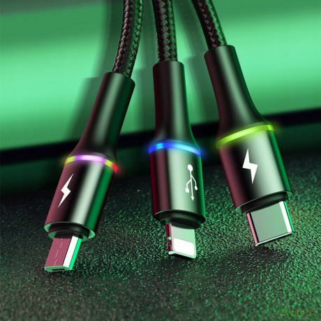Baseus Halo Data Kabel USB 3w1 do iPhone Lightning Micro Type-C 3.5A LED 120cm EOL
