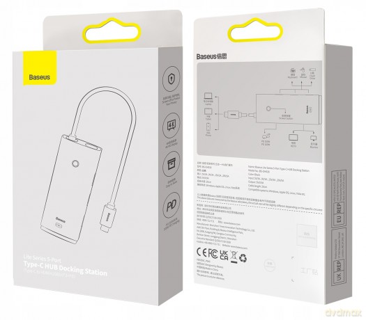 Baseus Lite Series 5-Port Adapter HUB USB-C 3x USB3.0 HDMI PD 100W