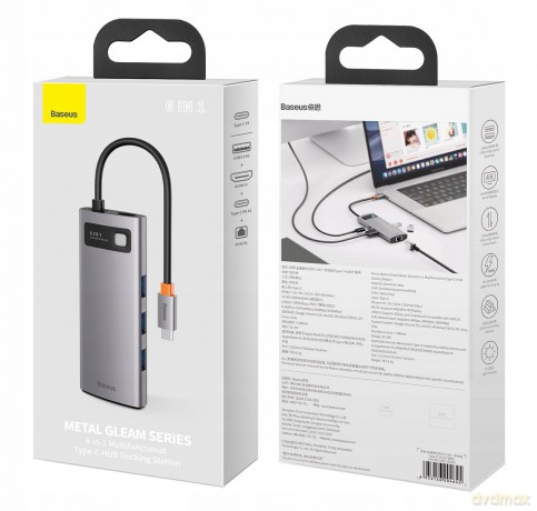 Baseus Metal Gleam Series 6-in-1 Adapter HUB USB-C - HDMI 4K 3x USB3.0 USB-C RJ45 PD 100W