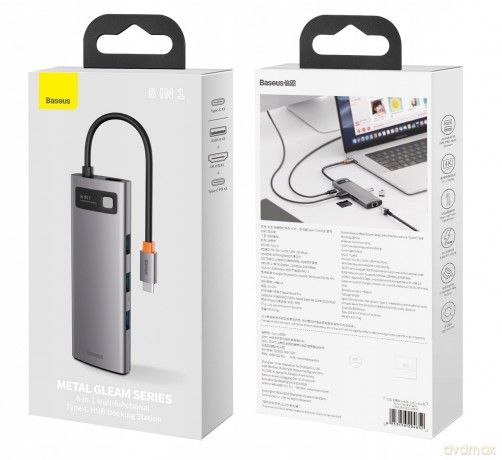Baseus Metal Gleam Series 8-in-1 Adapter HUB USB-C - HDMI 4K 3x USB3.0 USB-C RJ45 SD TF PD 100W
