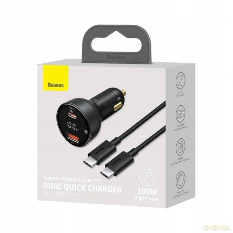 Baseus Superme Digital Display Ładowarka samochodowa 100W USB-C USB z kablem Power Delivery QC 4.0+ Huawei