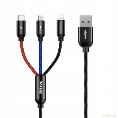 Baseus Three Primary Colors Nylonowy kabel 3w1 USB - Lightning Micro Type-C 3.5A 30cm