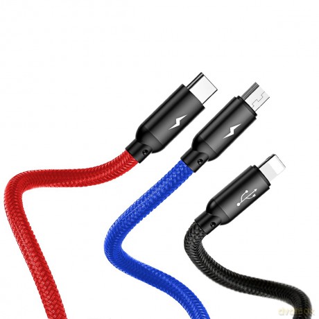 Baseus Three Primary Colors Nylonowy kabel 3w1 USB - Lightning Micro Type-C 3.5A 30cm