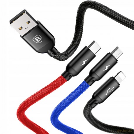Baseus Three Primary Colors Nylonowy kabel 3w1 USB - Lightning Micro Type-C 3.5A 30cm