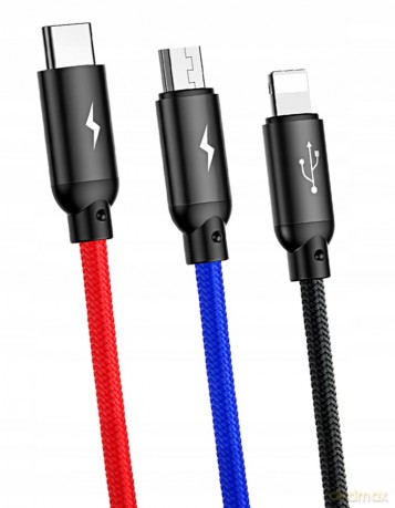 Baseus Three Primary Colors Nylonowy kabel 3w1 USB - Lightning Micro Type-C 3.5A 30cm